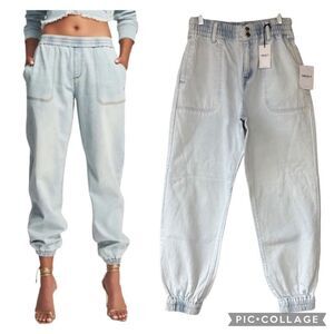 New Forever 21 Denim Pants Joggers Light Wash Loose Fit Baggy Elastic Band Sz XS